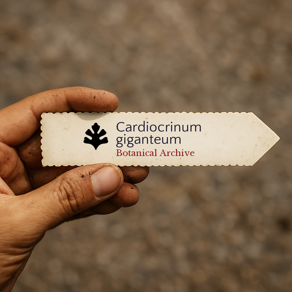 Printed plant label for Cardiocrinum giganteum held by hand with dirt background