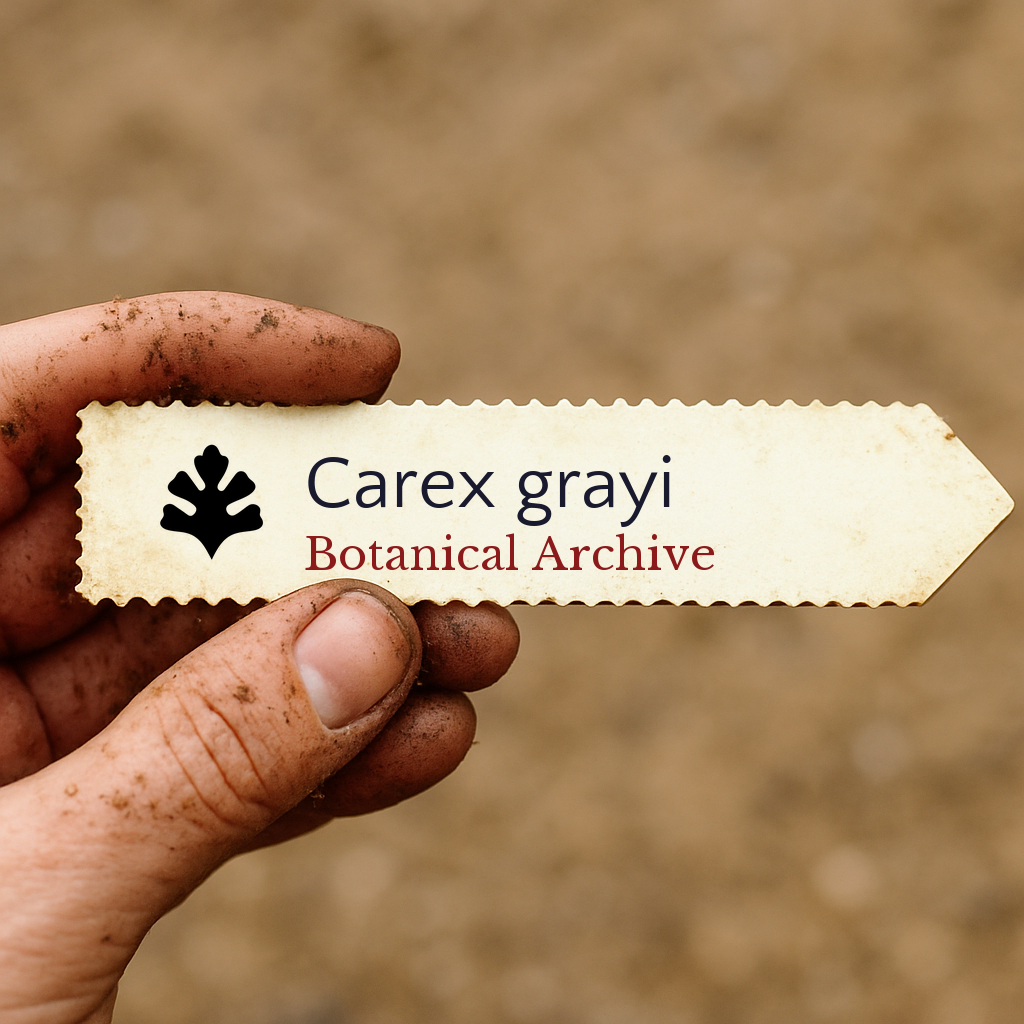 Printed plant label for Carex grayi held by dirty hand with blurred soil background