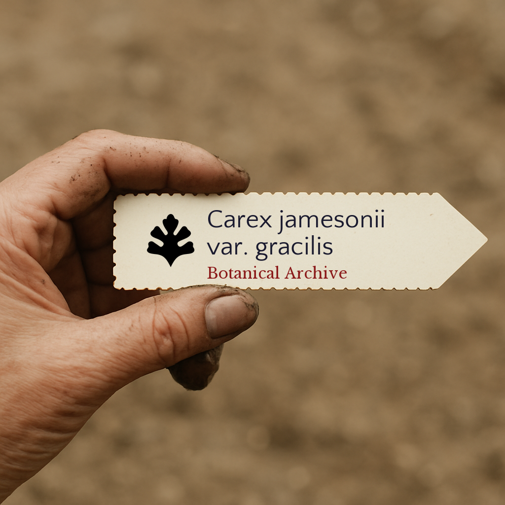 Printed plant label for Carex jamesonii var. gracilis held by hand with soil background