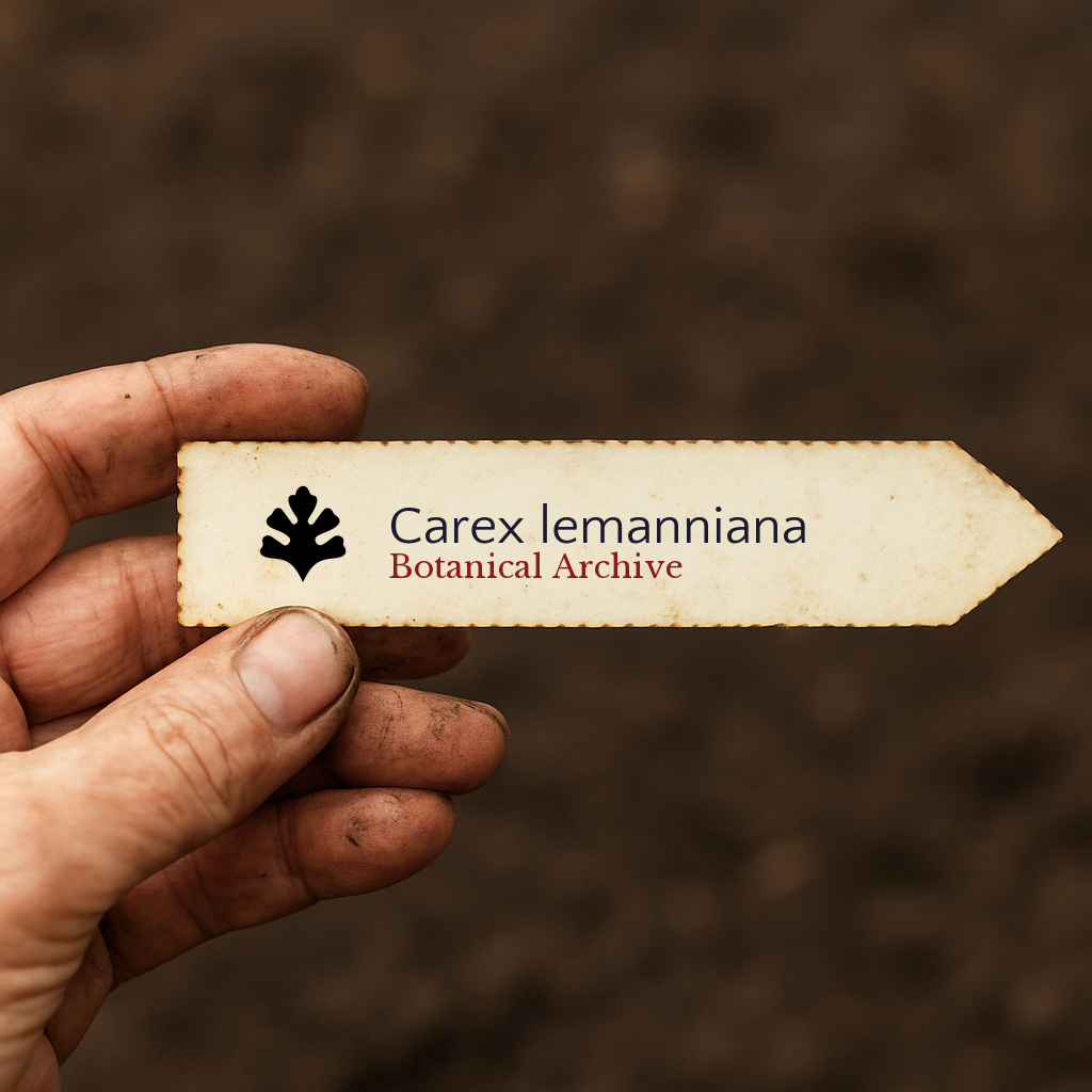 Etichetta per piante stampata per Carex lemanniana tenuta a mano su sfondo di terreno