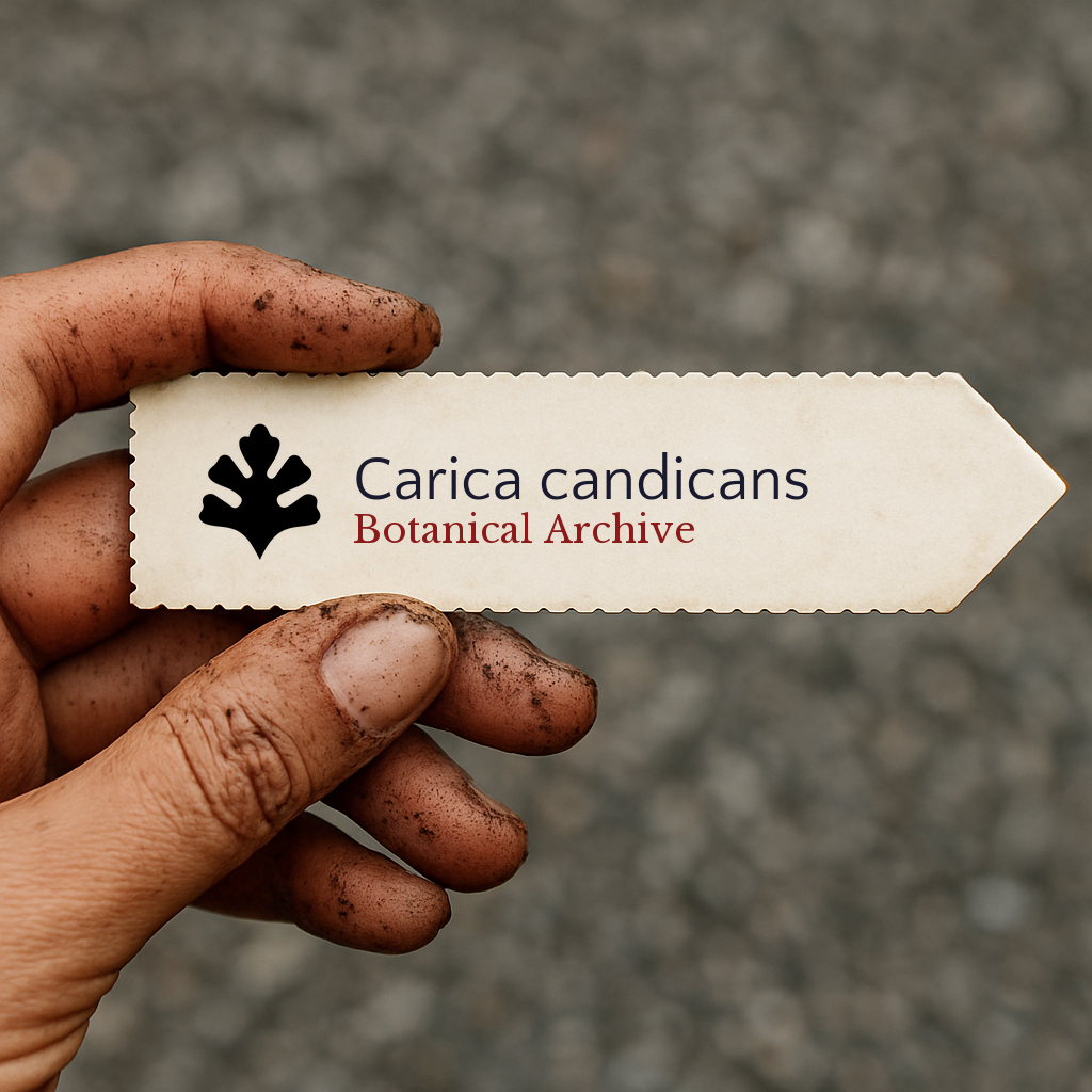 Printed plant label for Carica candicans held by dirty hand with blurred background