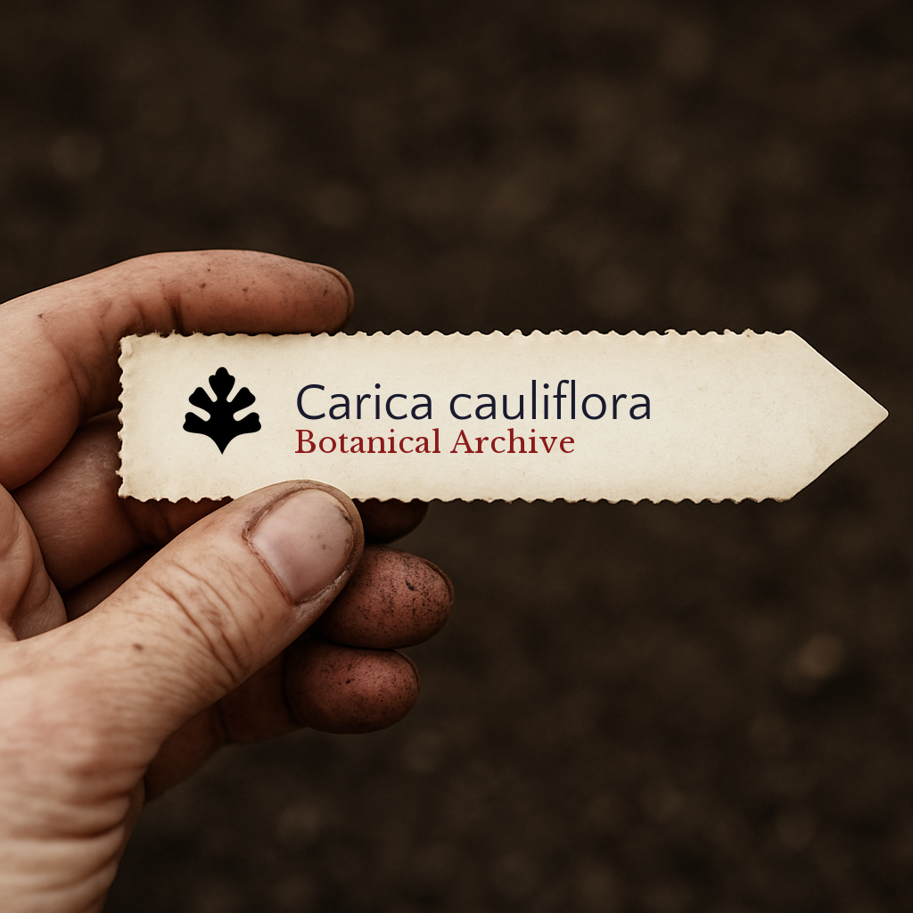 Etichetta della pianta stampata per Carica cauliflora tenuta in mano con sfondo di terriccio