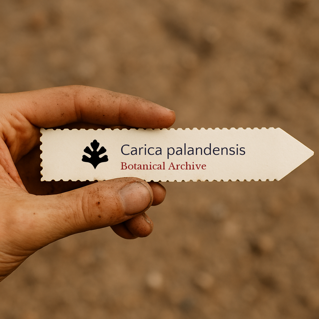 Etichetta per pianta stampata per Carica palandensis tenuta in mano su sfondo di terra