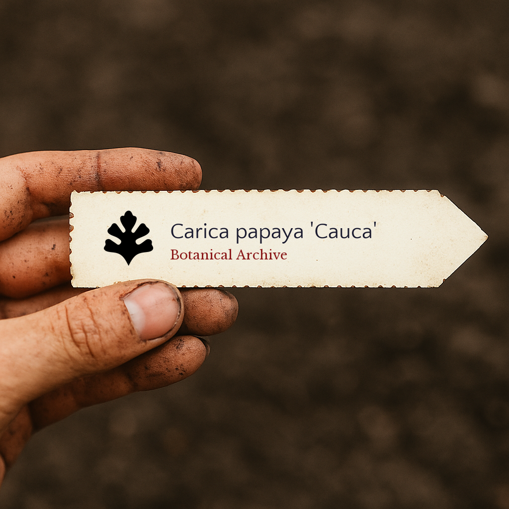 Etichetta piantina stampata per Carica papaya 'Cauca' tenuta da una mano sporca su sfondo di terra
