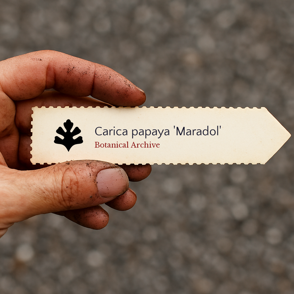 Printed plant label for Carica papaya 'Maradol' held by dirty hand outdoors