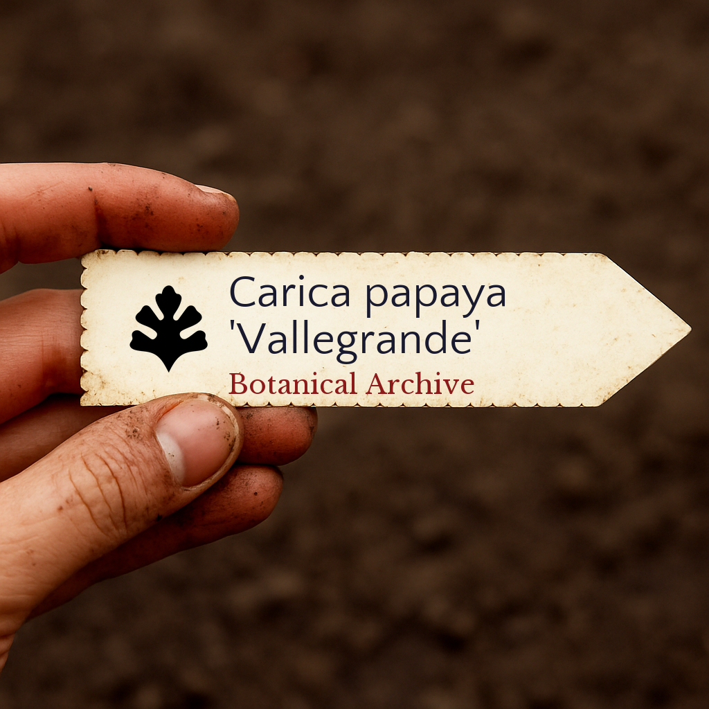 Printed plant label for Carica papaya 'Vallegrande' held over soil background