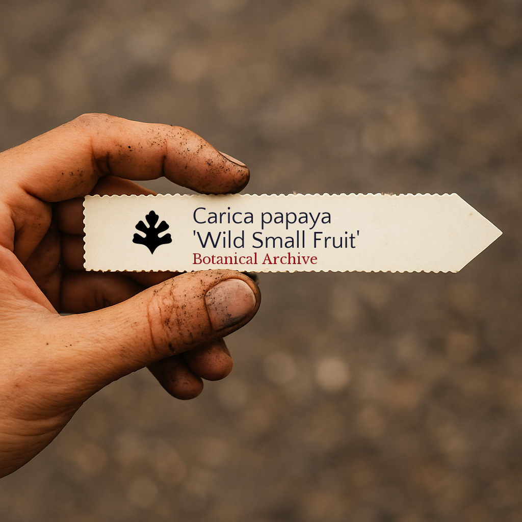 Etichetta stampata per pianta di Carica papaya 'Wild Small Fruit' tenuta da una mano sporca all'aperto