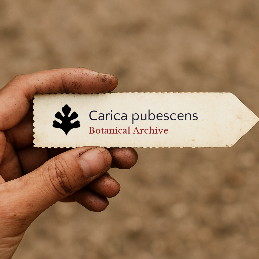 Etichetta della pianta per Carica pubescens con testo di Botanical Archive tenuta da una mano sporca