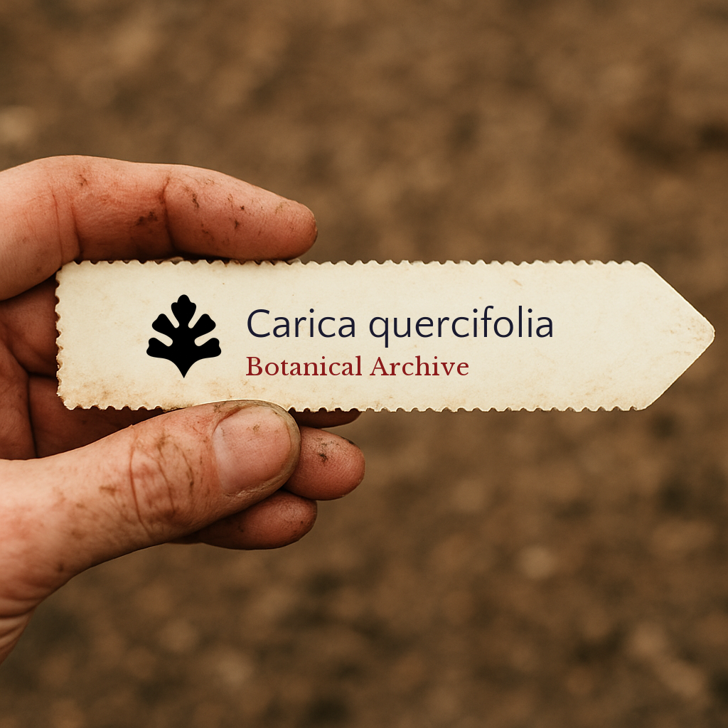 Etichetta per pianta stampata per Carica quercifolia con icona di foglia di quercia tenuta da mano sporca