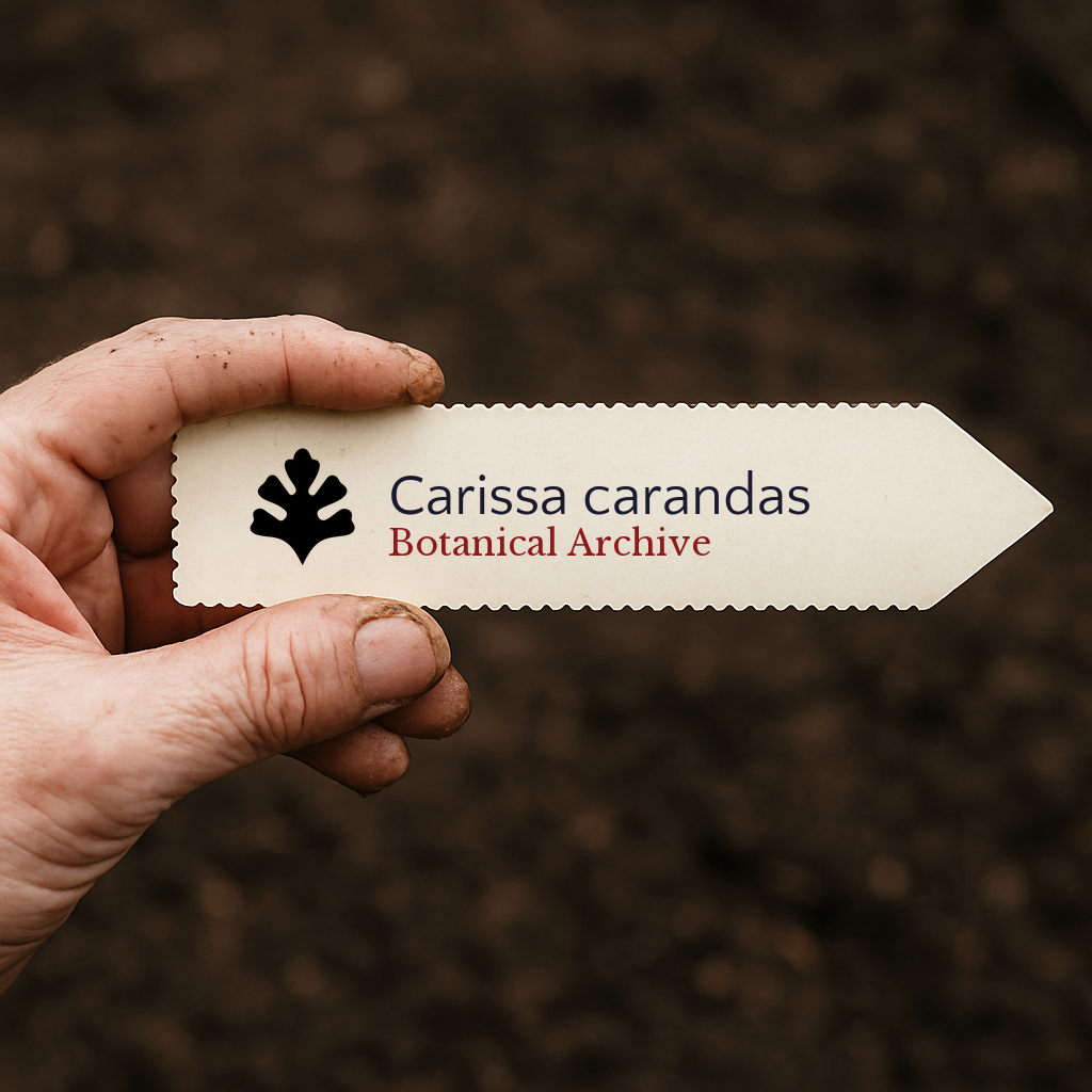 Etichetta per pianta stampata per Carissa carandas tenuta in mano su sfondo di terreno