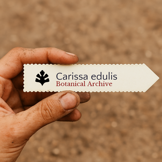 Etichetta stampata per pianta di Carissa edulis con il logo di Botanical Archive tenuta da una mano sporca