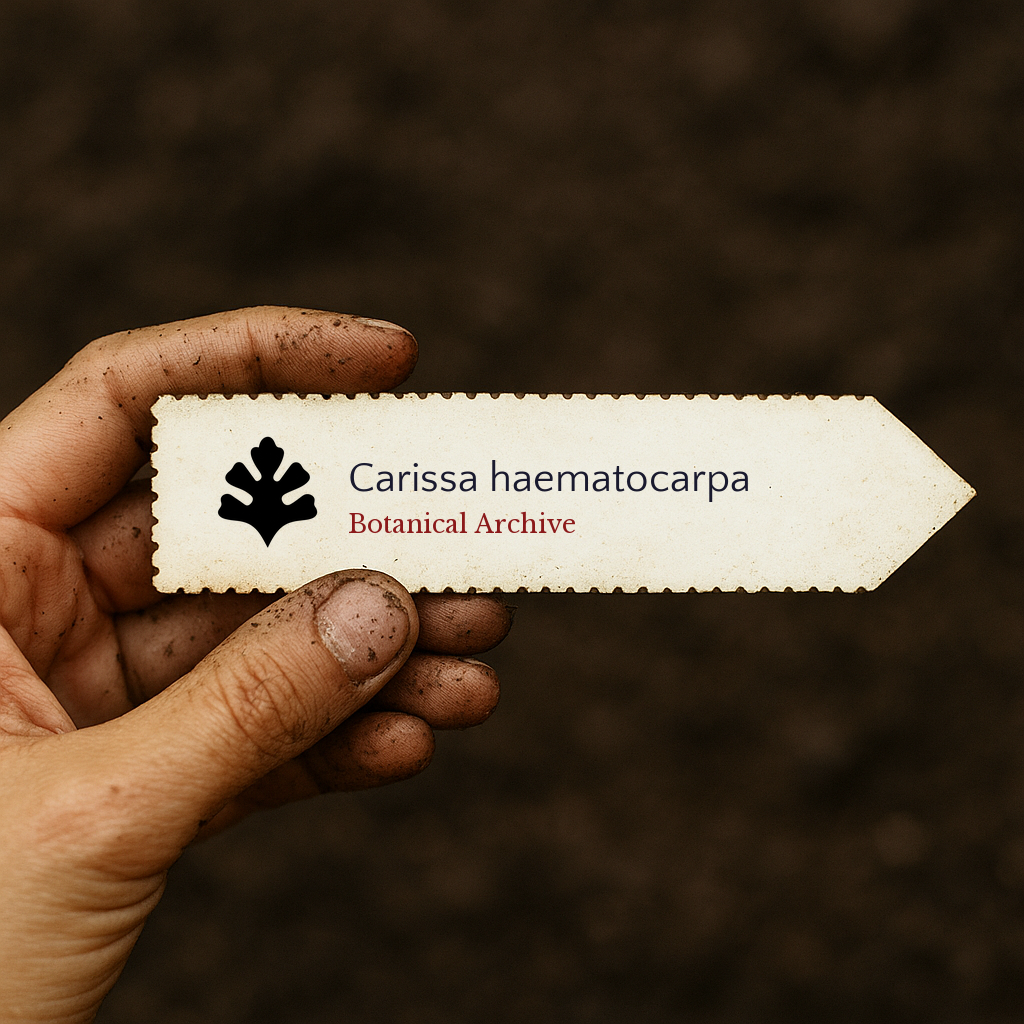 Printed plant label for Carissa haematocarpa held by dirty hand over soil background