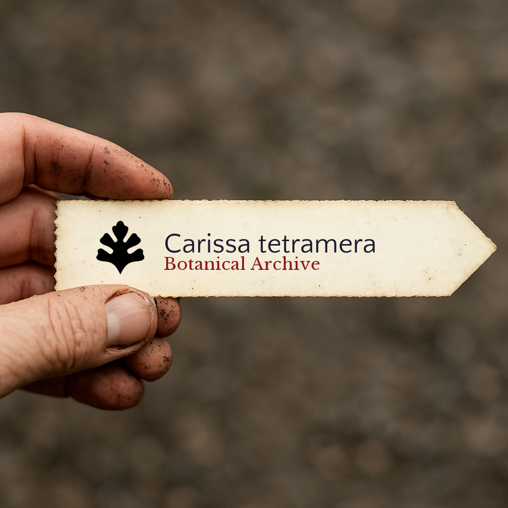 Printed plant label for Carissa tetramera held by dirty hand with blurred background