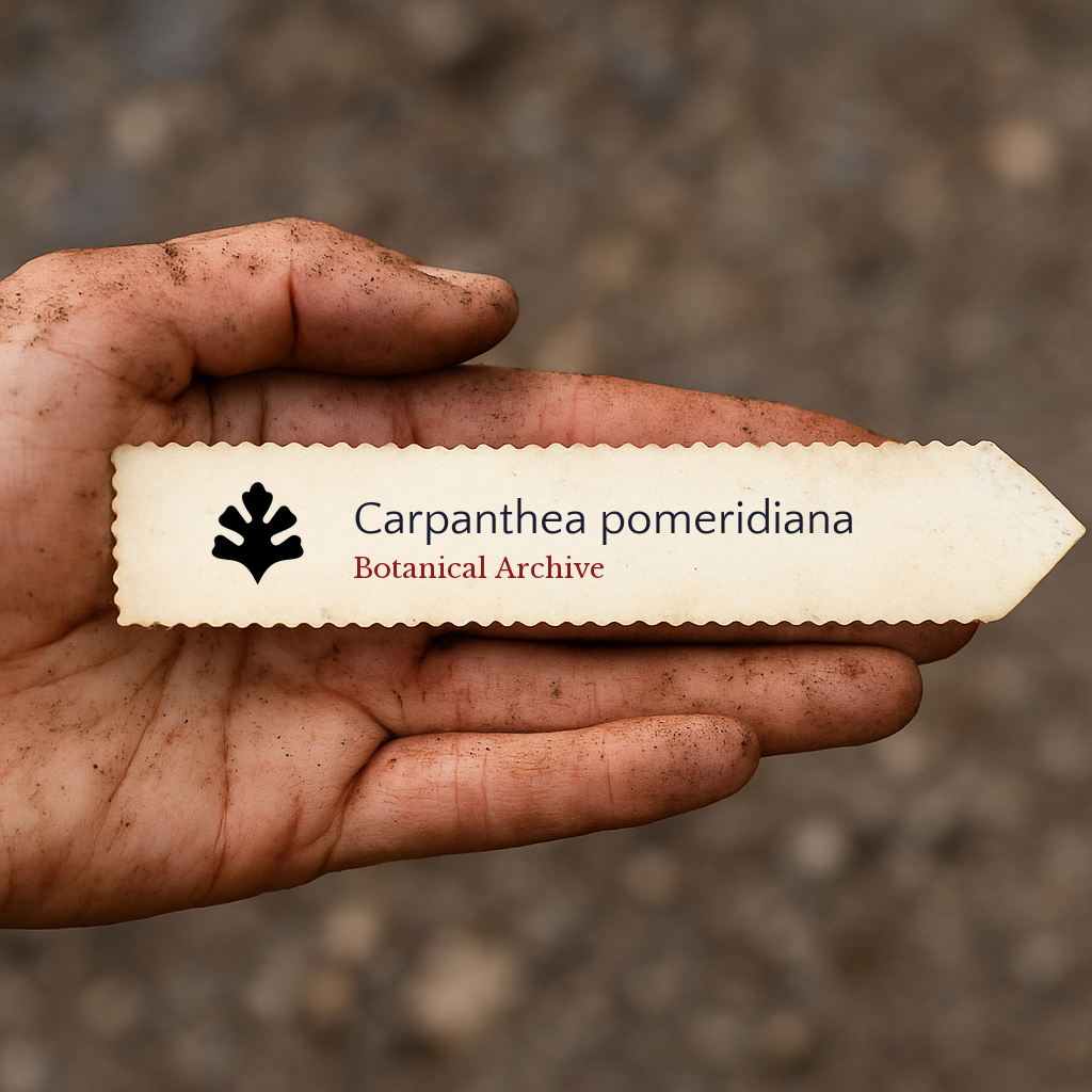 Etichetta stampata per pianta di Carpanthea pomeridiana tenuta in mano sporca all'aperto