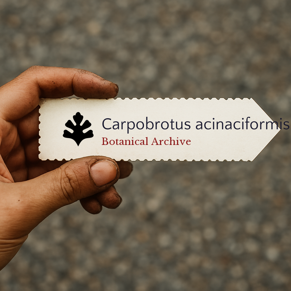 Etichetta per pianta stampata per Carpobrotus acinaciformis tenuta in mano con sfondo di terra