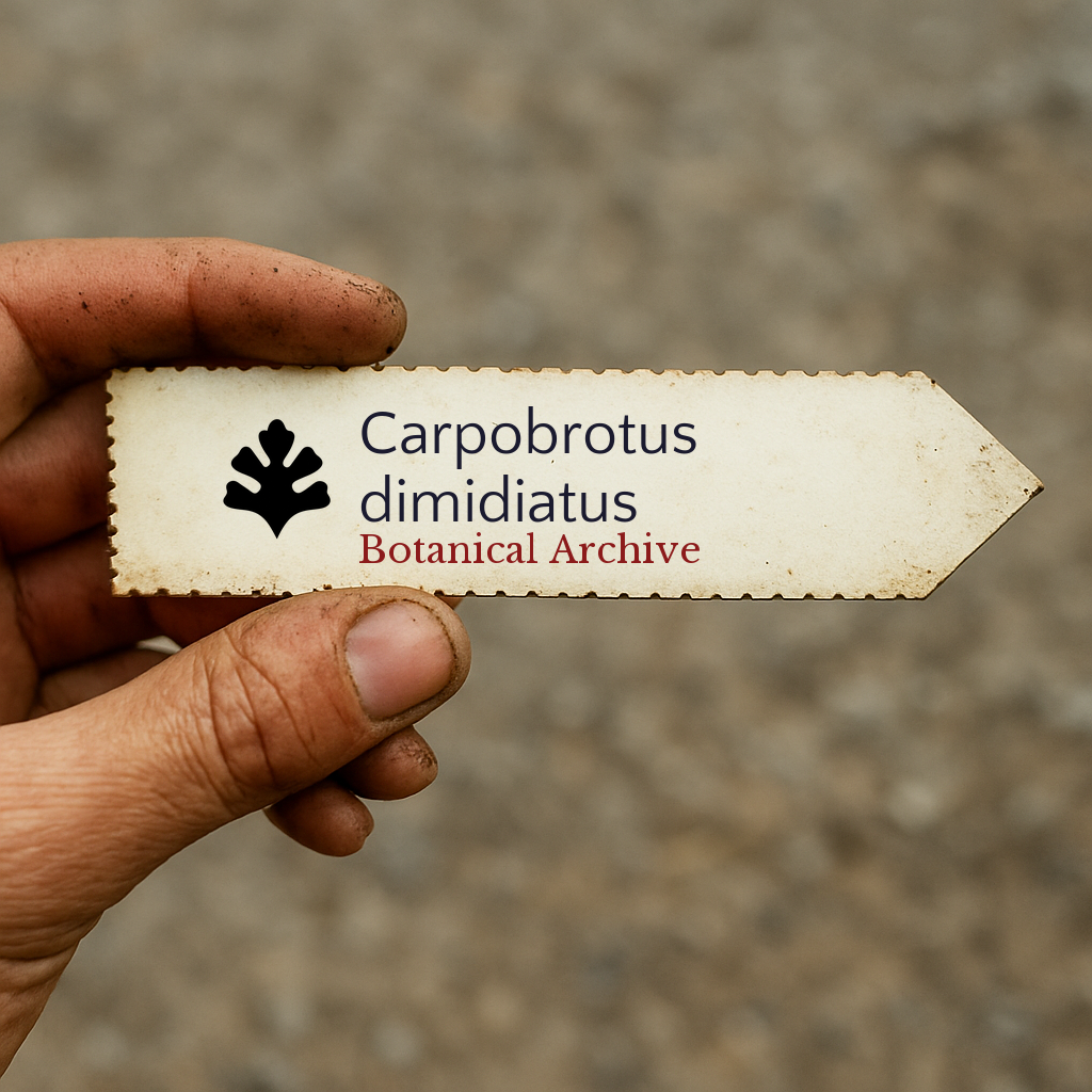 Printed plant label for Carpobrotus dimidiatus held by hand with dirt background