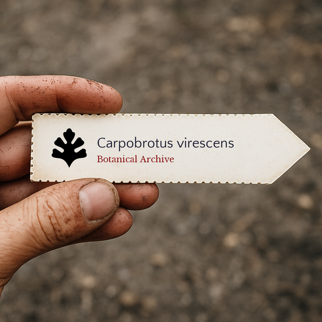 Printed plant label for Carpobrotus virescens with botanical archive logo held by hand