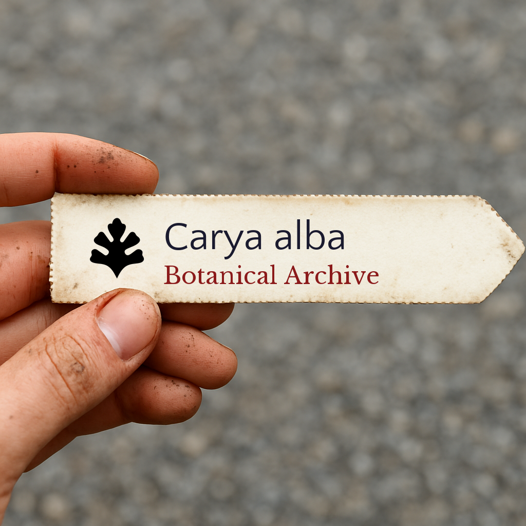 Printed plant label for Carya alba Botanical Archive held by hand