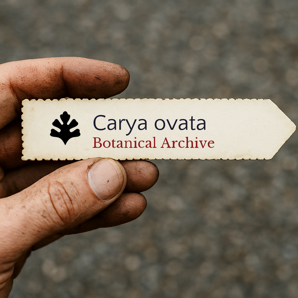 Printed plant label for Carya ovata Botanical Archive held by hand