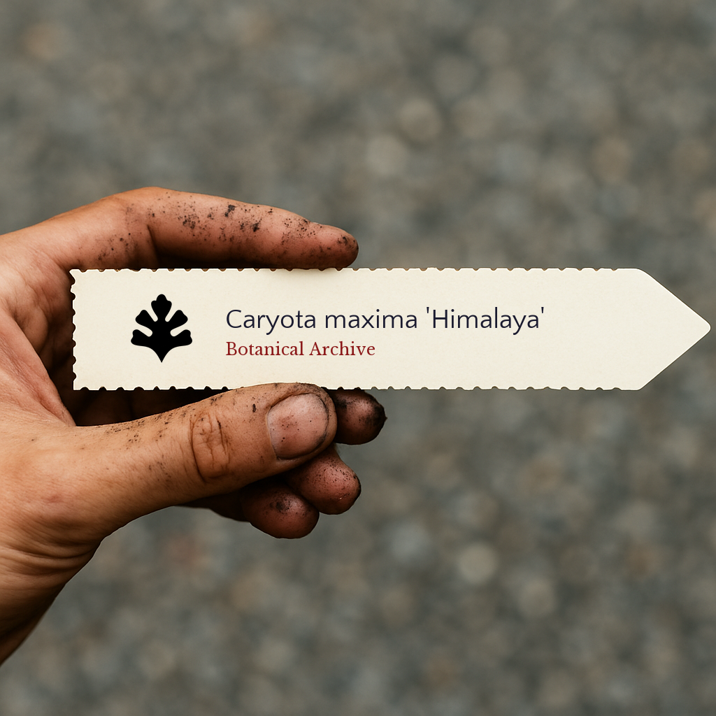 Etichetta vegetale stampata per Caryota maxima 'Himalaya' tenuta da una mano sporca all'aperto