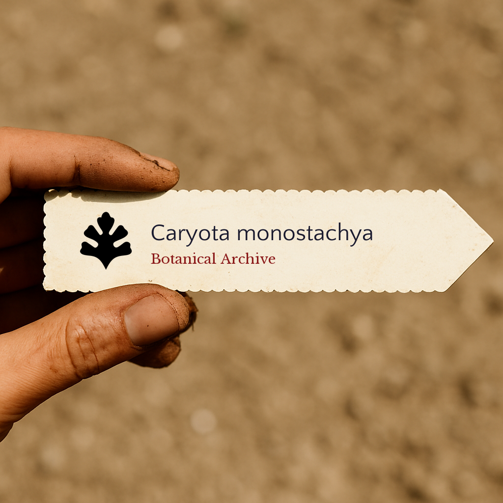 Printed plant label for Caryota monostachya held by hand with dirt background