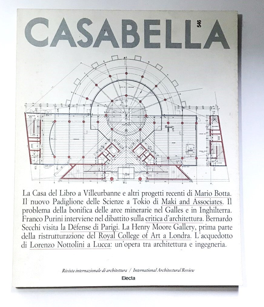 Rivista Casabella n. 546 vintage 1988 recensione di architettura italiana con piante di edifici e progetti di design