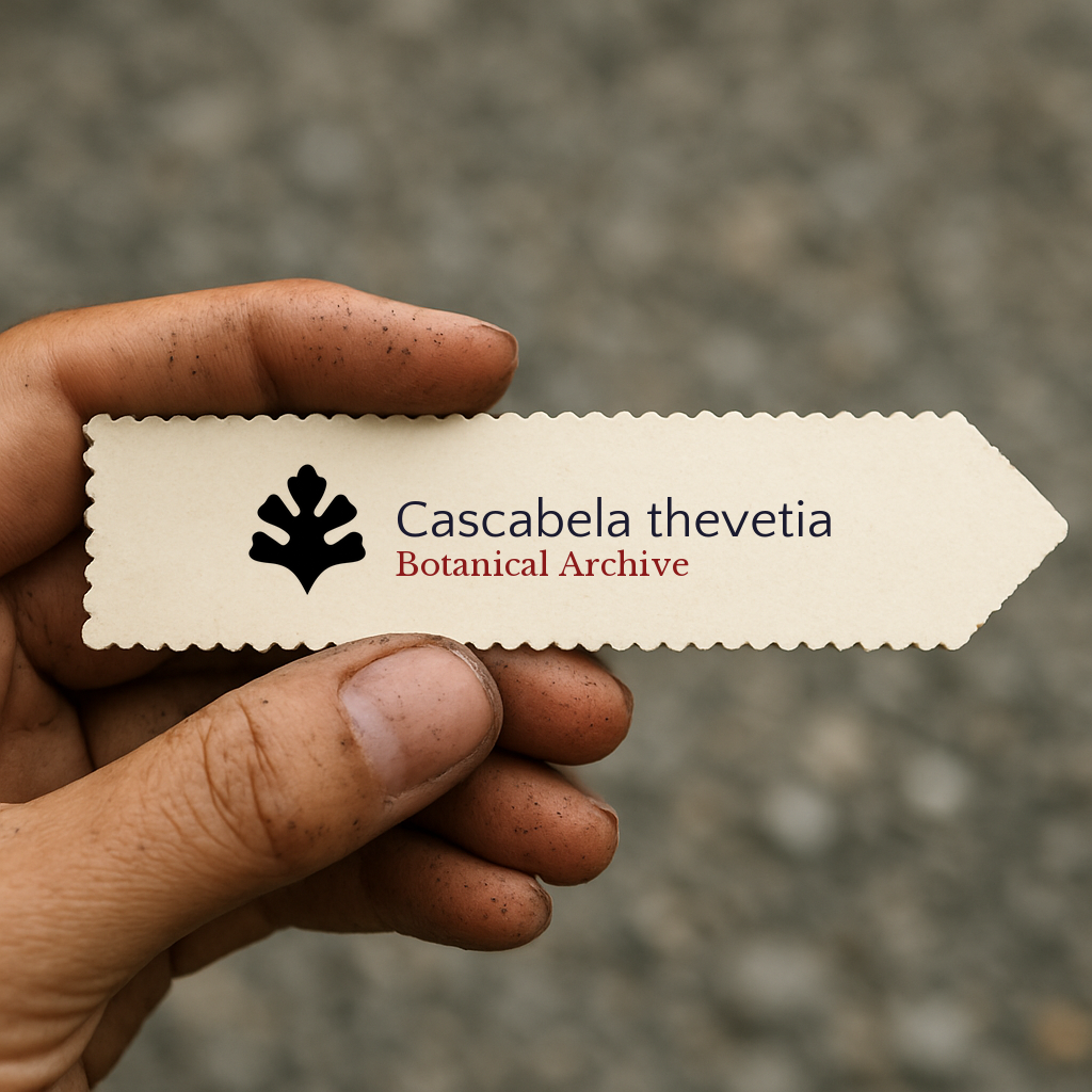 Etichetta vegetale stampata per Cascabela thevetia tenuta da una mano sporca all'aperto