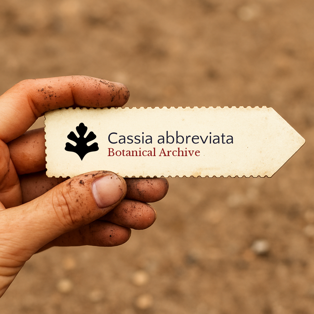 Printed plant label for Cassia abbreviata held by dirty hand over soil background