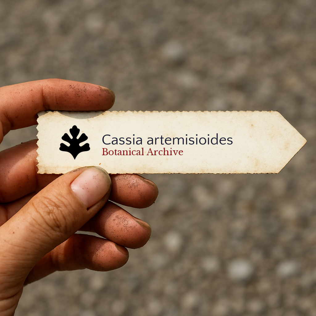 Etichetta stampata per pianta di Cassia artemisioides tenuta da mano sporca all'aperto