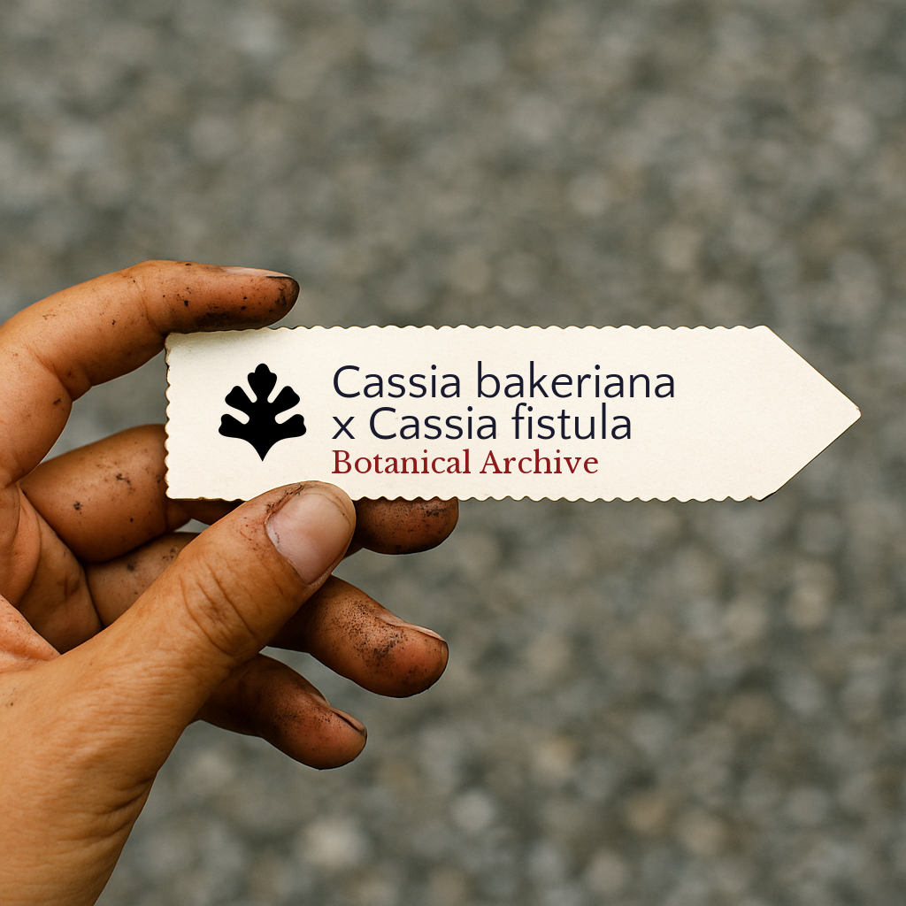 Printed plant label for Cassia bakeriana x Cassia fistula held by dirty hand outdoors