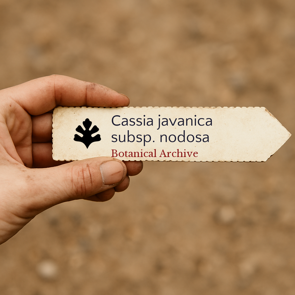Etichetta stampata per pianta di Cassia javanica subsp. nodosa tenuta in mano con sfondo sfocato