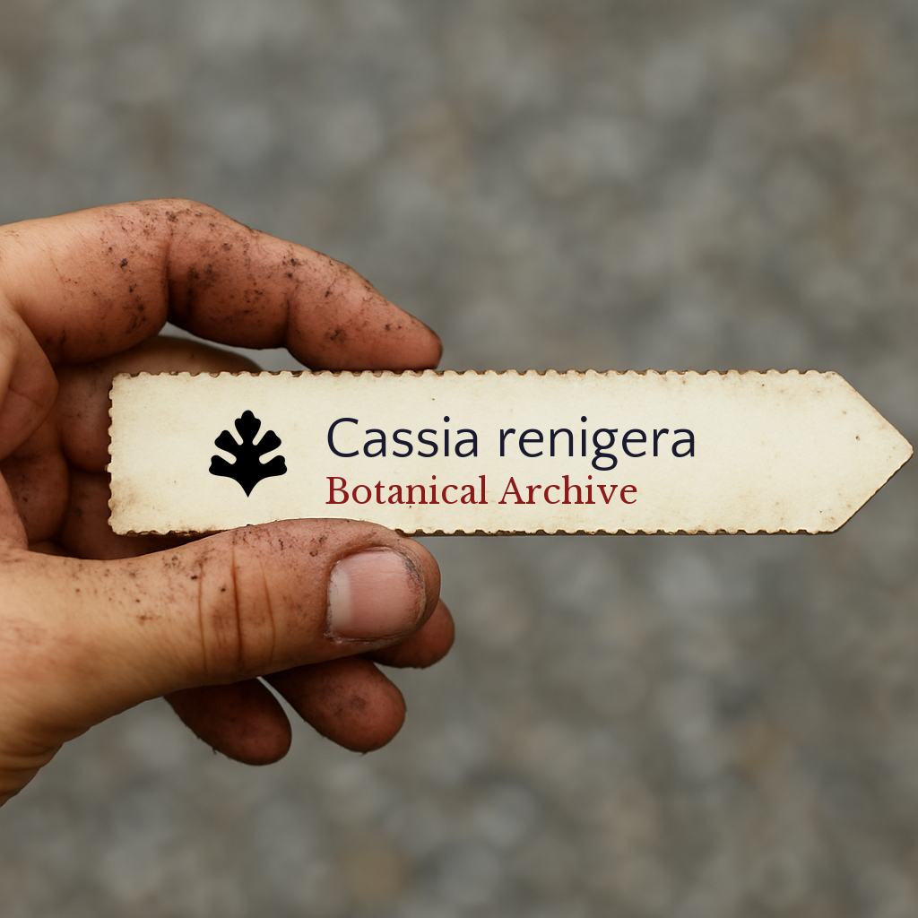 Printed plant label for Cassia renigera held by dirty hand with blurred background