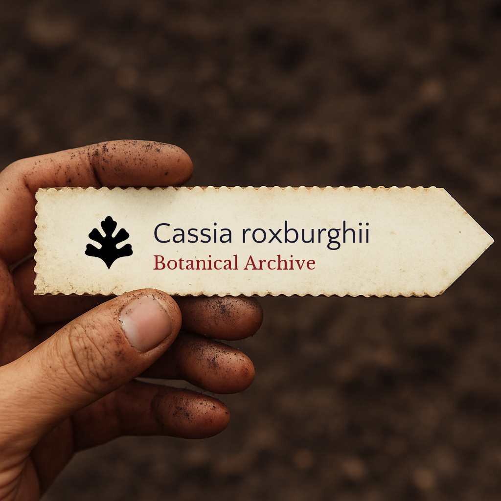 Printed plant label for Cassia roxburghii held by hand with soil background