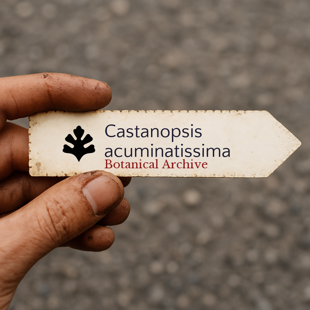 Etichetta stampata per pianta di Castanopsis acuminatissima tenuta a mano con sfondo di terra