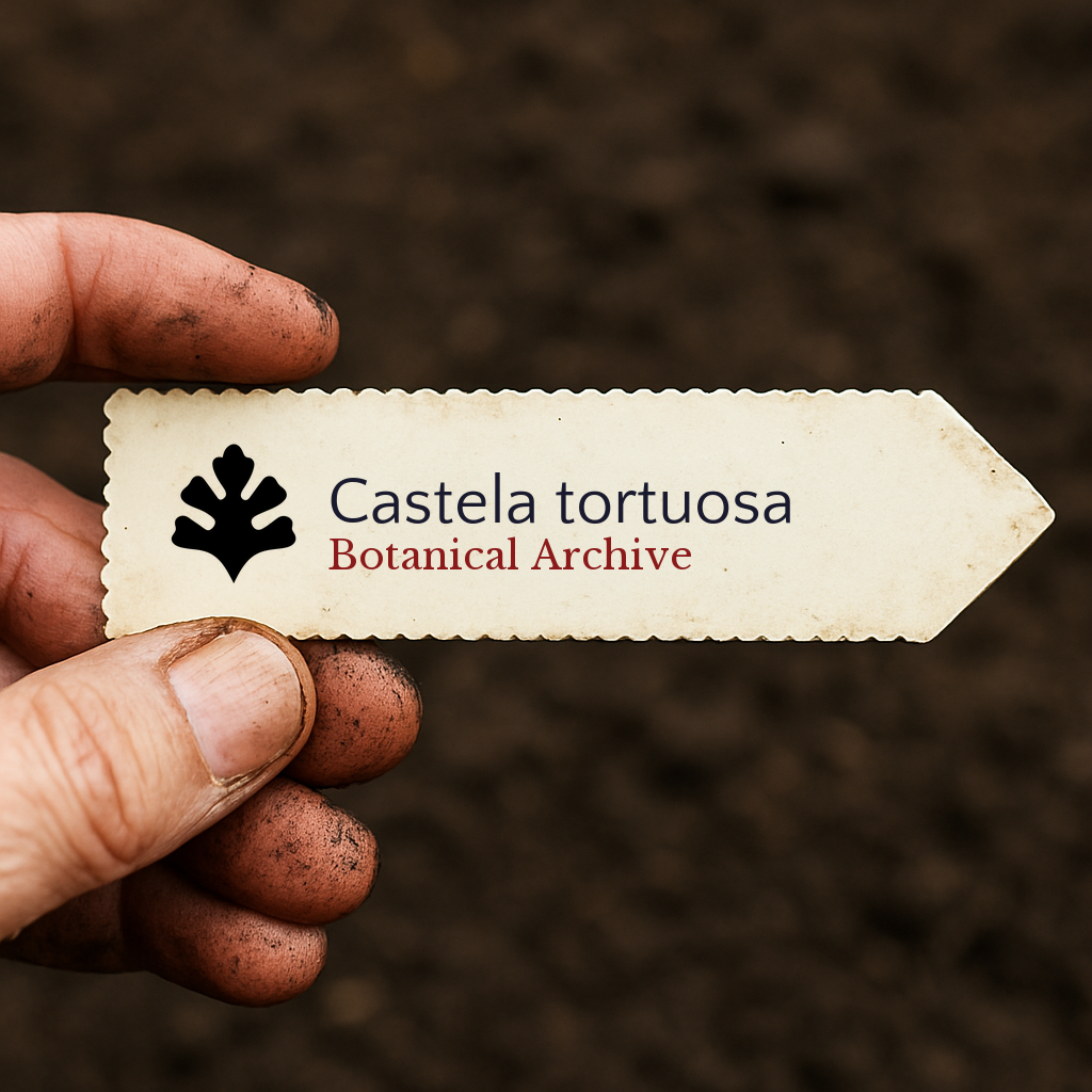 Etichetta stampata per pianta di Castela tortuosa tenuta da mano sporca su sfondo di terreno