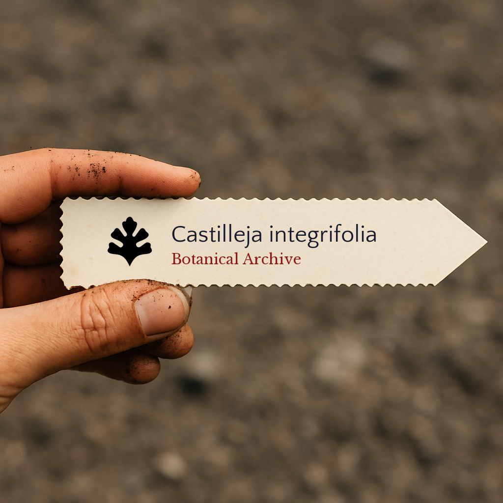Etichetta stampata per pianta di Castilleja integrifolia tenuta in mano con sfondo di terreno