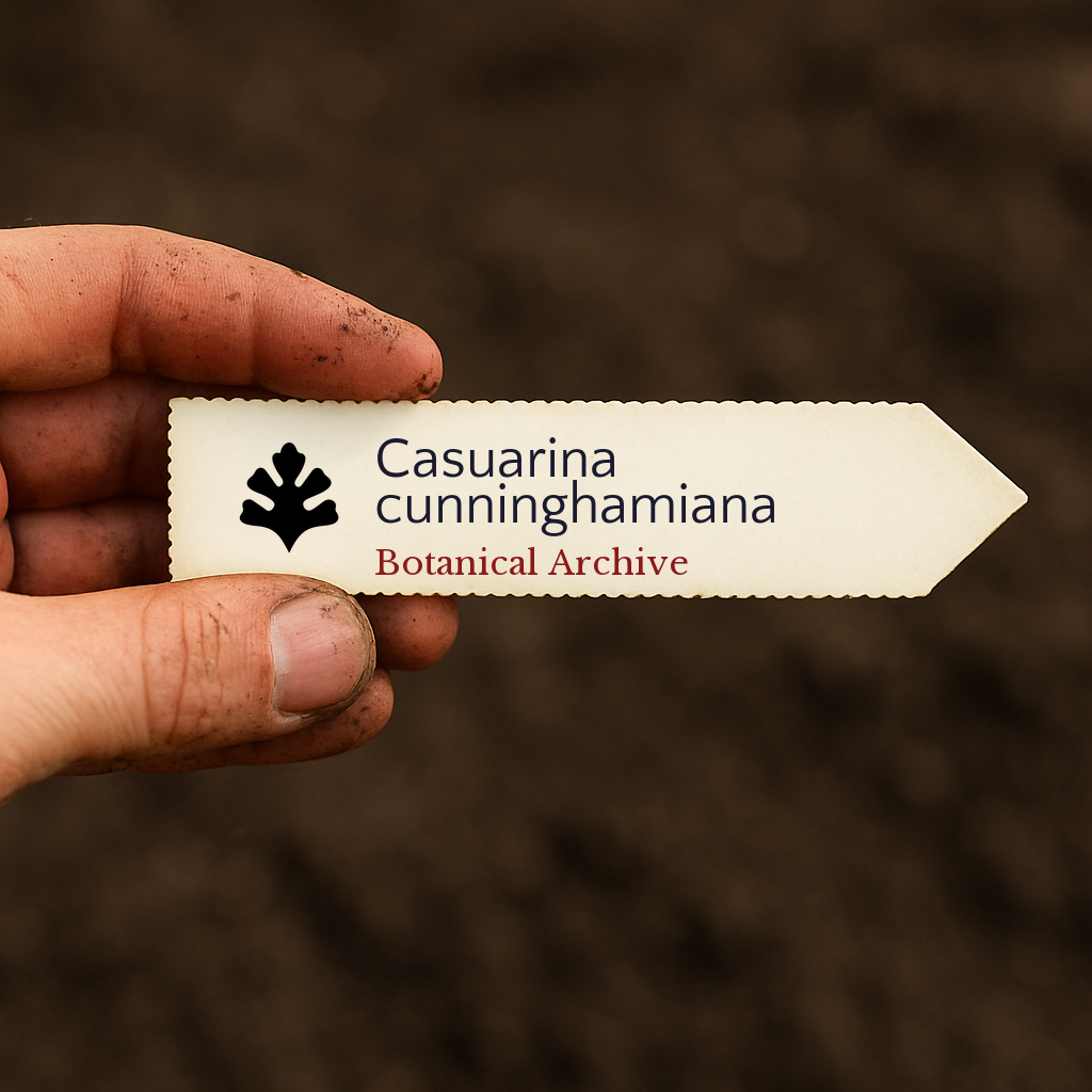 Printed plant label for Casuarina cunninghamiana held by dirty hand over soil background