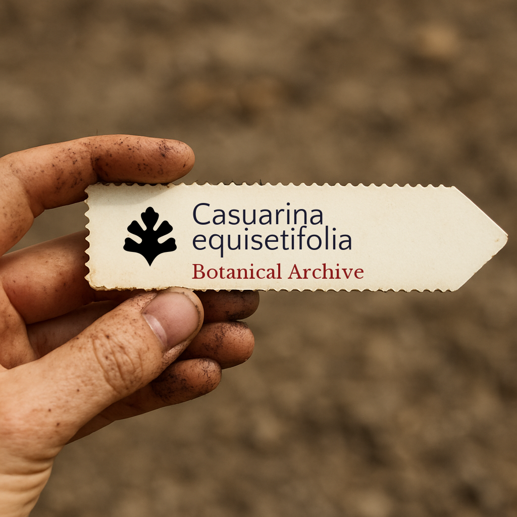 Printed plant label for Casuarina equisetifolia with botanical archive logo held by dirty hand