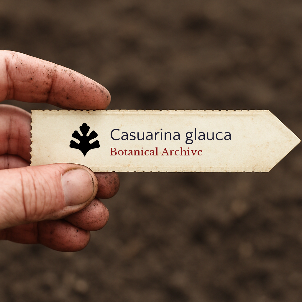 Printed plant label for Casuarina glauca held by dirty hand over soil background
