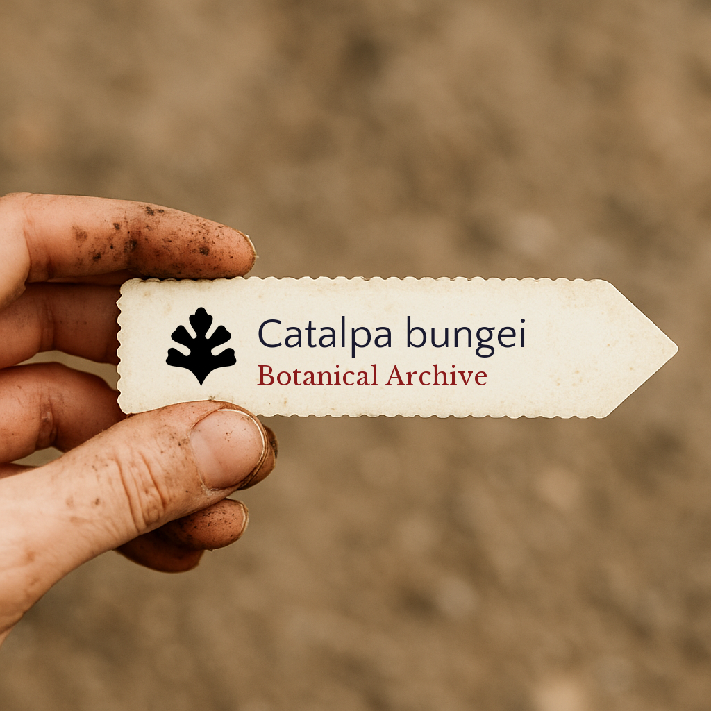 Printed plant label for Catalpa bungei held by dirty hand against soil background
