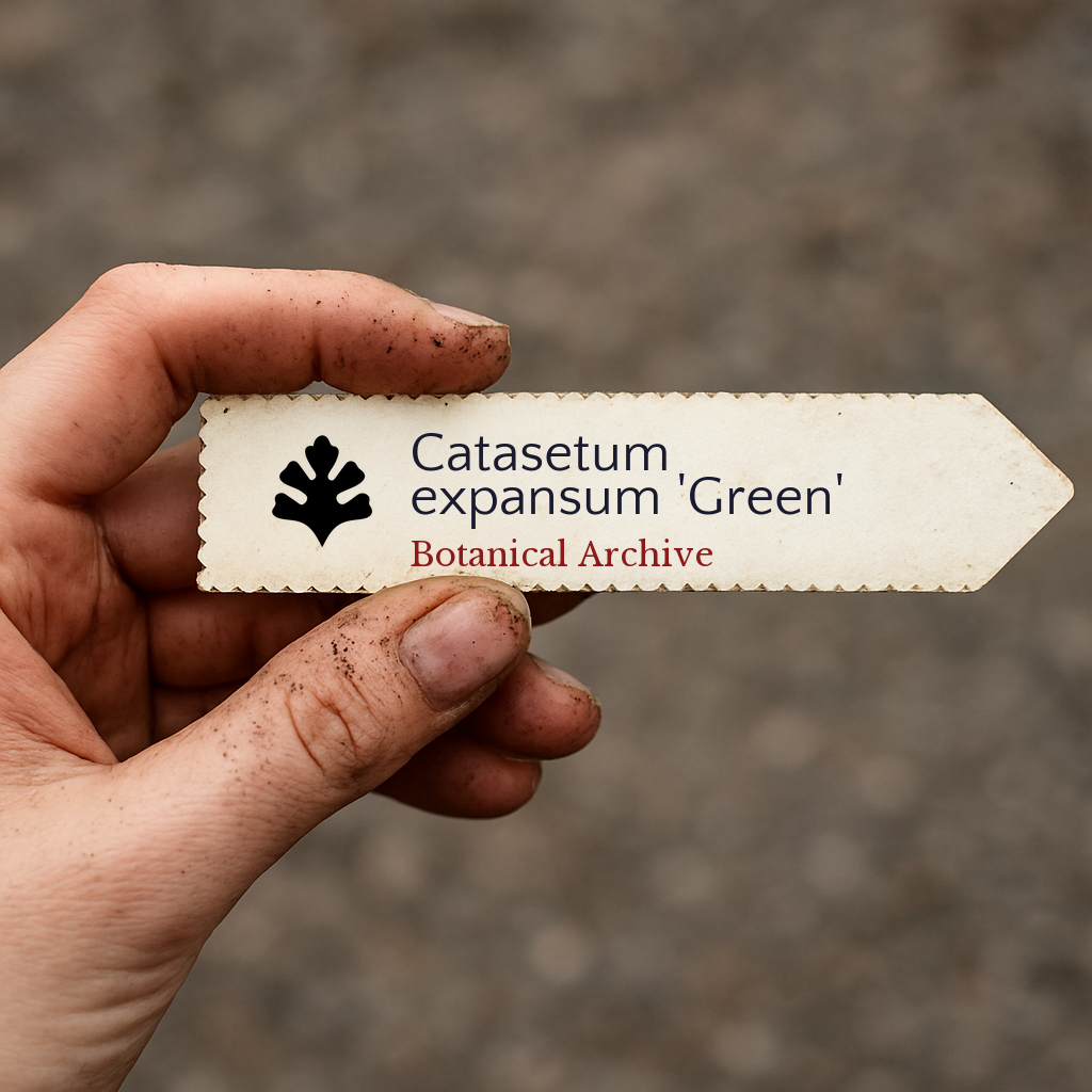Etichetta stampata per pianta di Catasetum expansum 'Green' tenuta da mano sporca all'aperto
