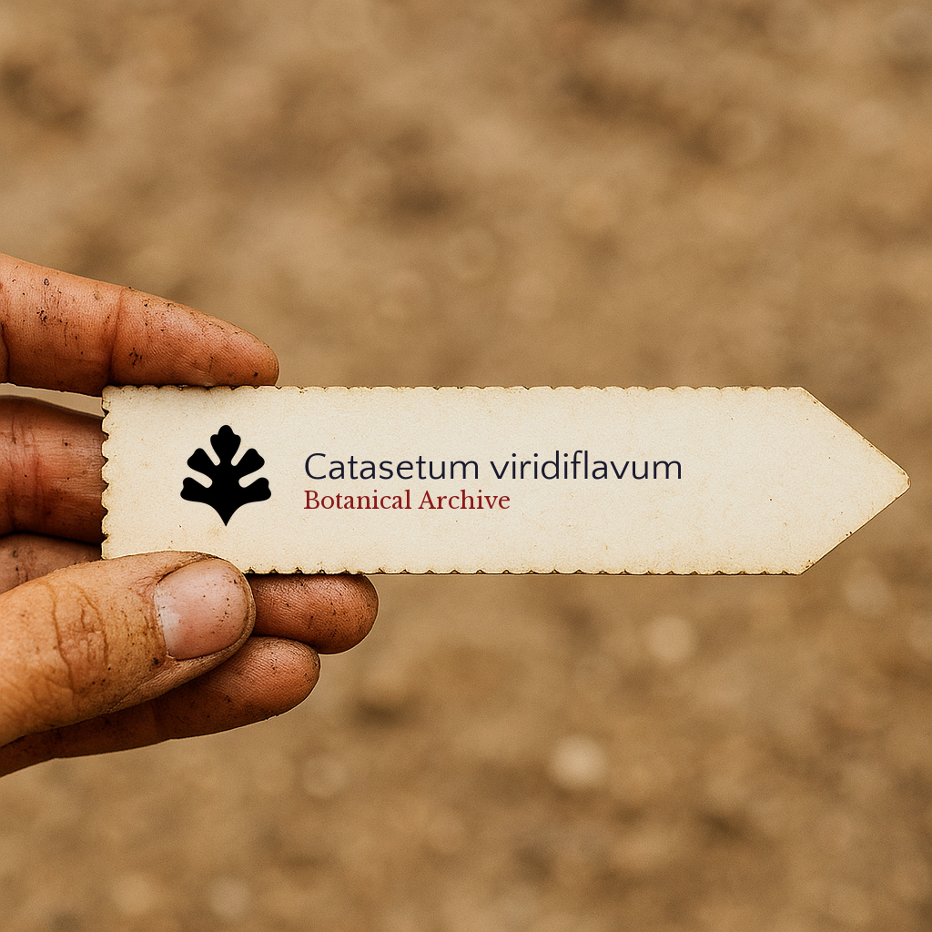Printed plant label for Catasetum viridiflavum held by hand with soil background