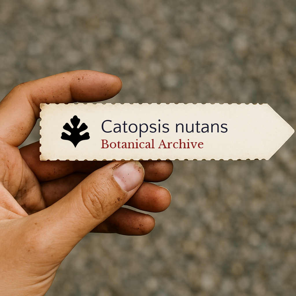 Etichetta stampata per pianta di Catopsis nutans con logo Botanical Archive tenuta a mano