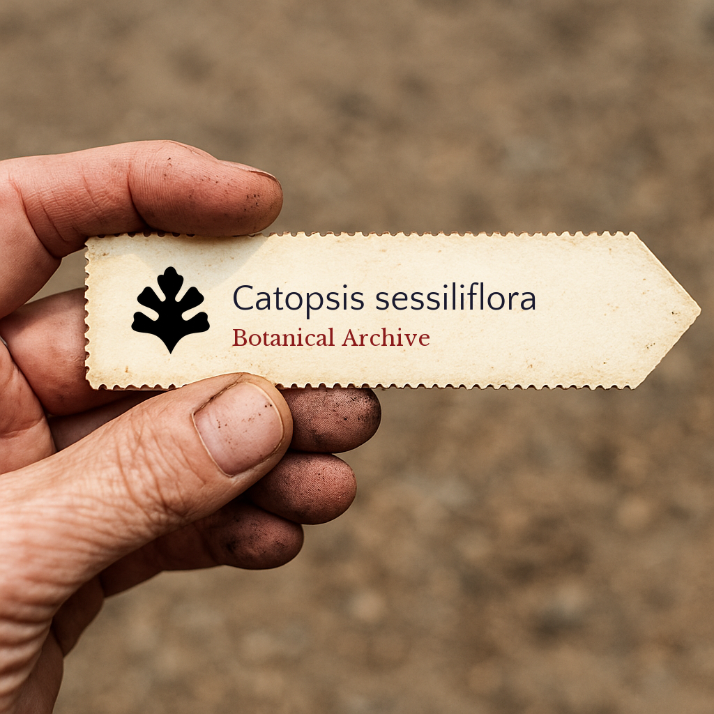 Etichetta piantina stampata per Catopsis sessiliflora tenuta da una mano con dita macchiate di terra