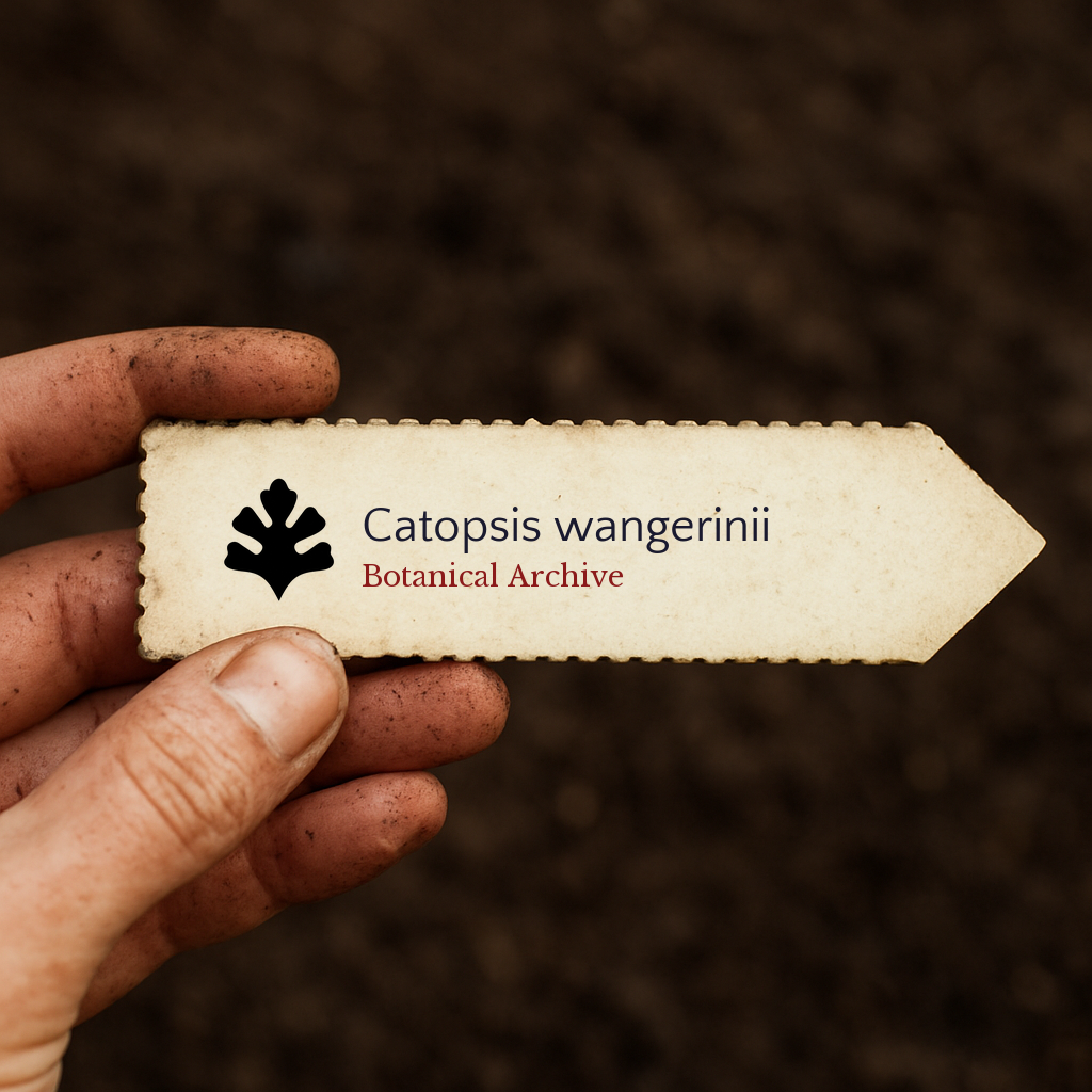 Printed plant label for Catopsis wangerinii held by dirty hand over soil background