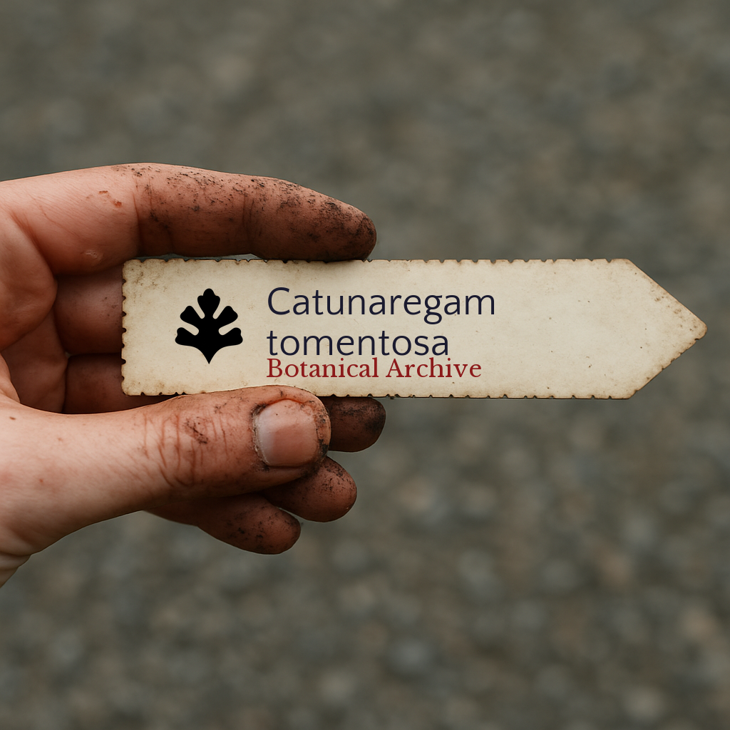 Printed plant label for Catunaregam tomentosa held by dirty hand outdoors