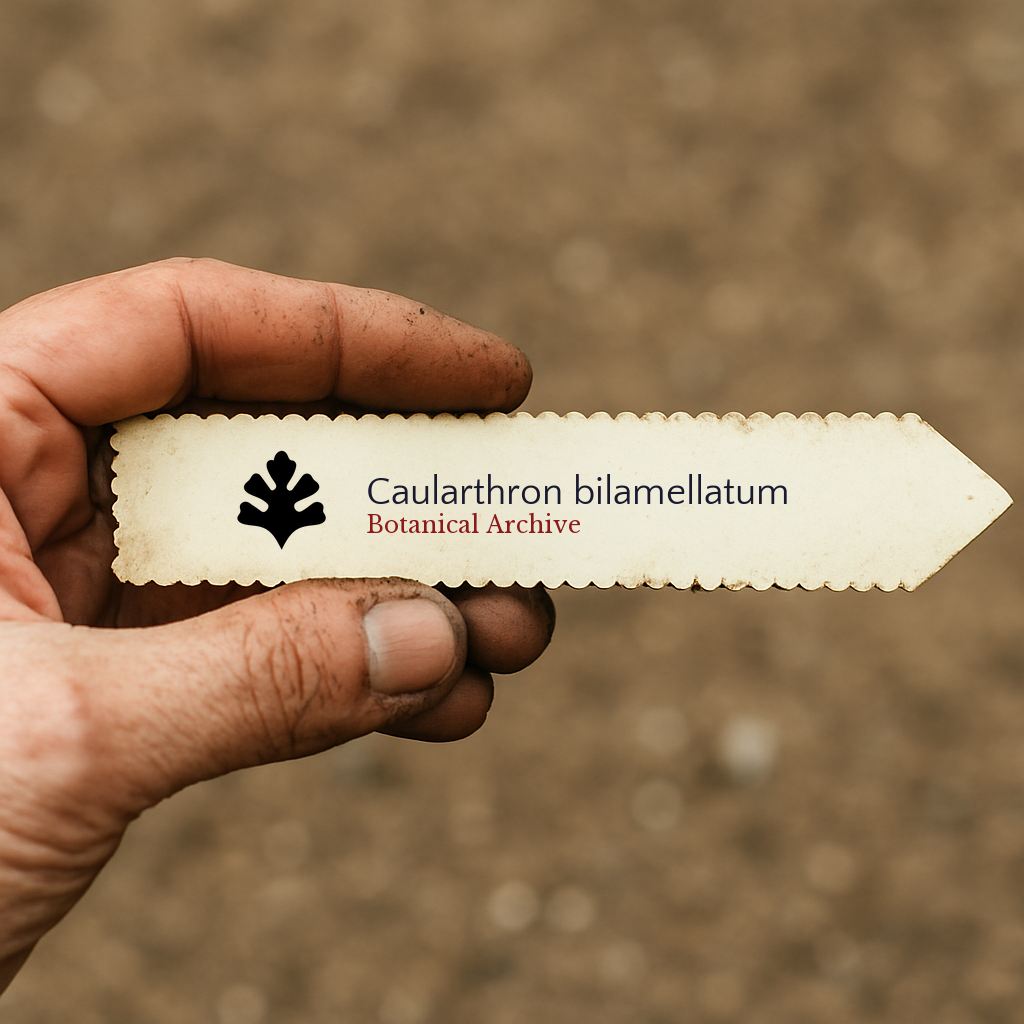 Handheld vintage plant label for Caularthron bilamellatum with botanical archive logo