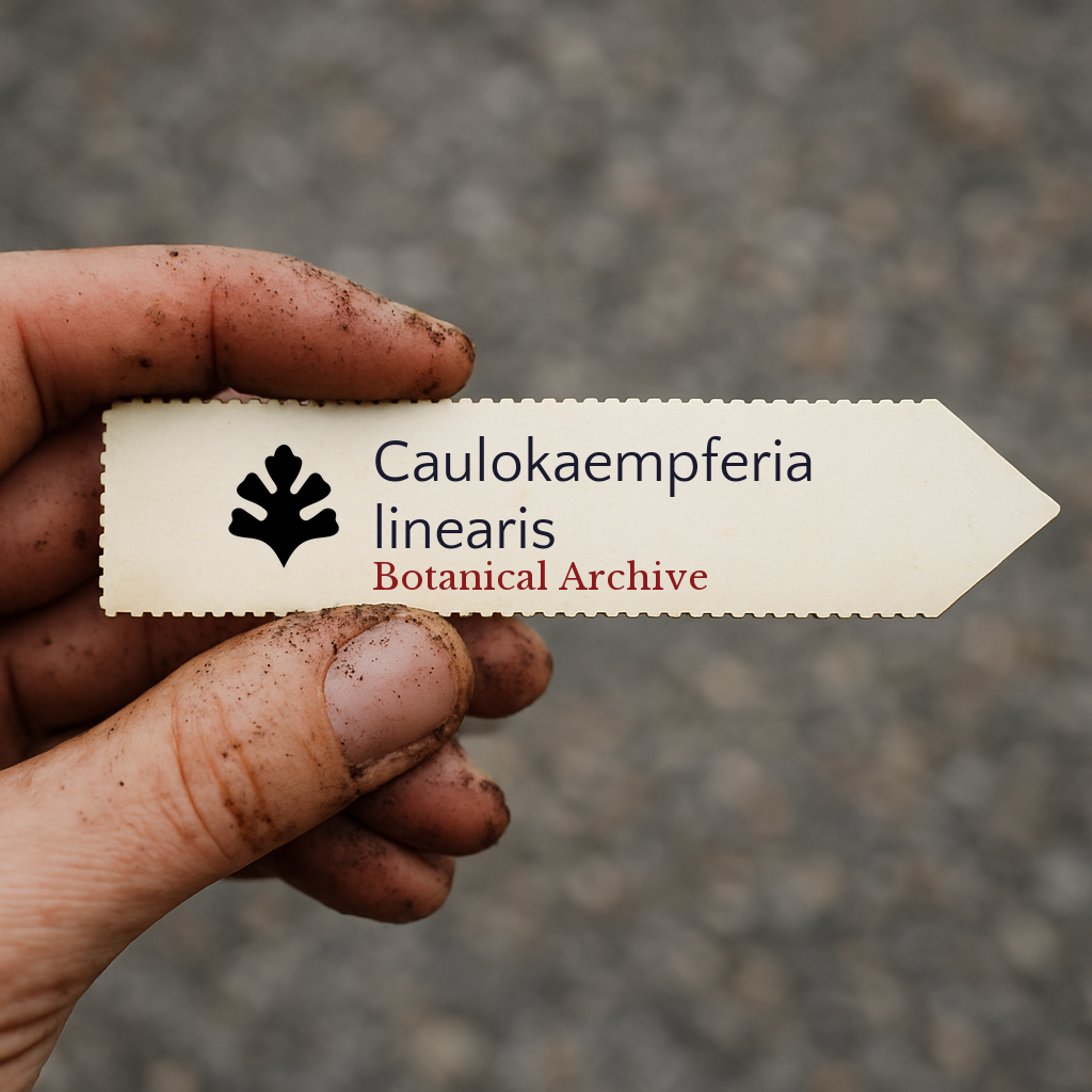 Printed plant label for Caulokaempferia linearis held by dirty hand outdoors