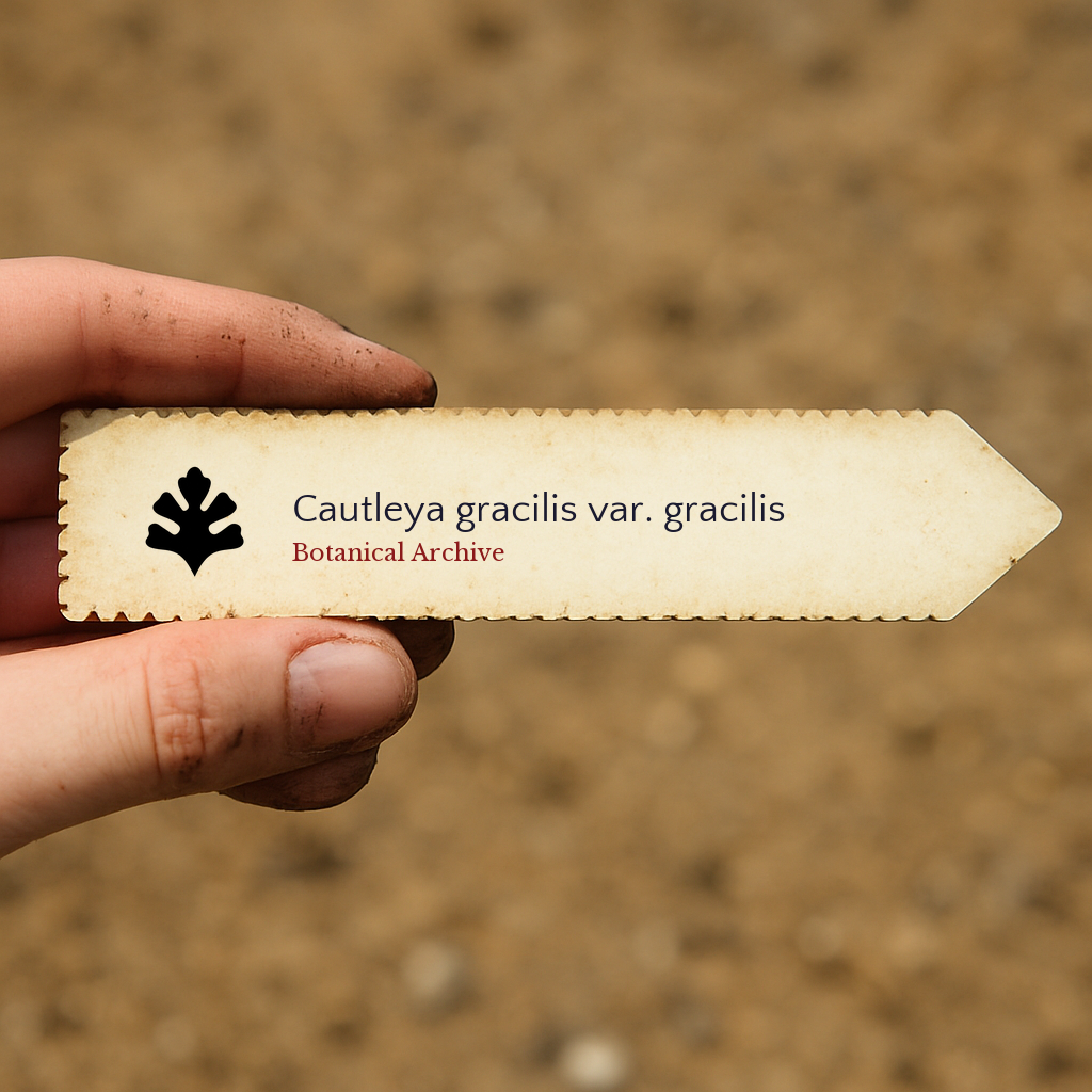 Etichetta per pianta stampata per Cautleya gracilis var. gracilis tenuta a mano con sfondo di terreno