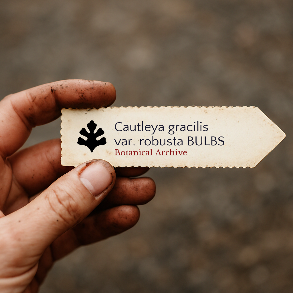 Printed plant label for Cautleya gracilis var. robusta held by dirty hand outdoors